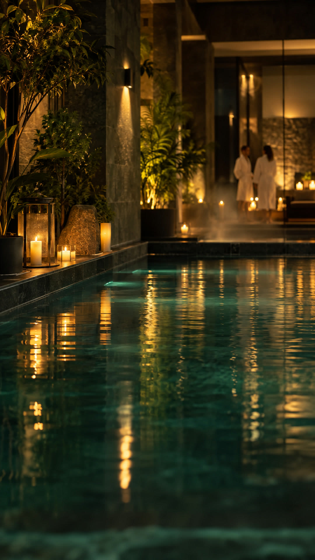 Upplyst spapool på kvällen hos Aroma Spa & Clinic i Borås